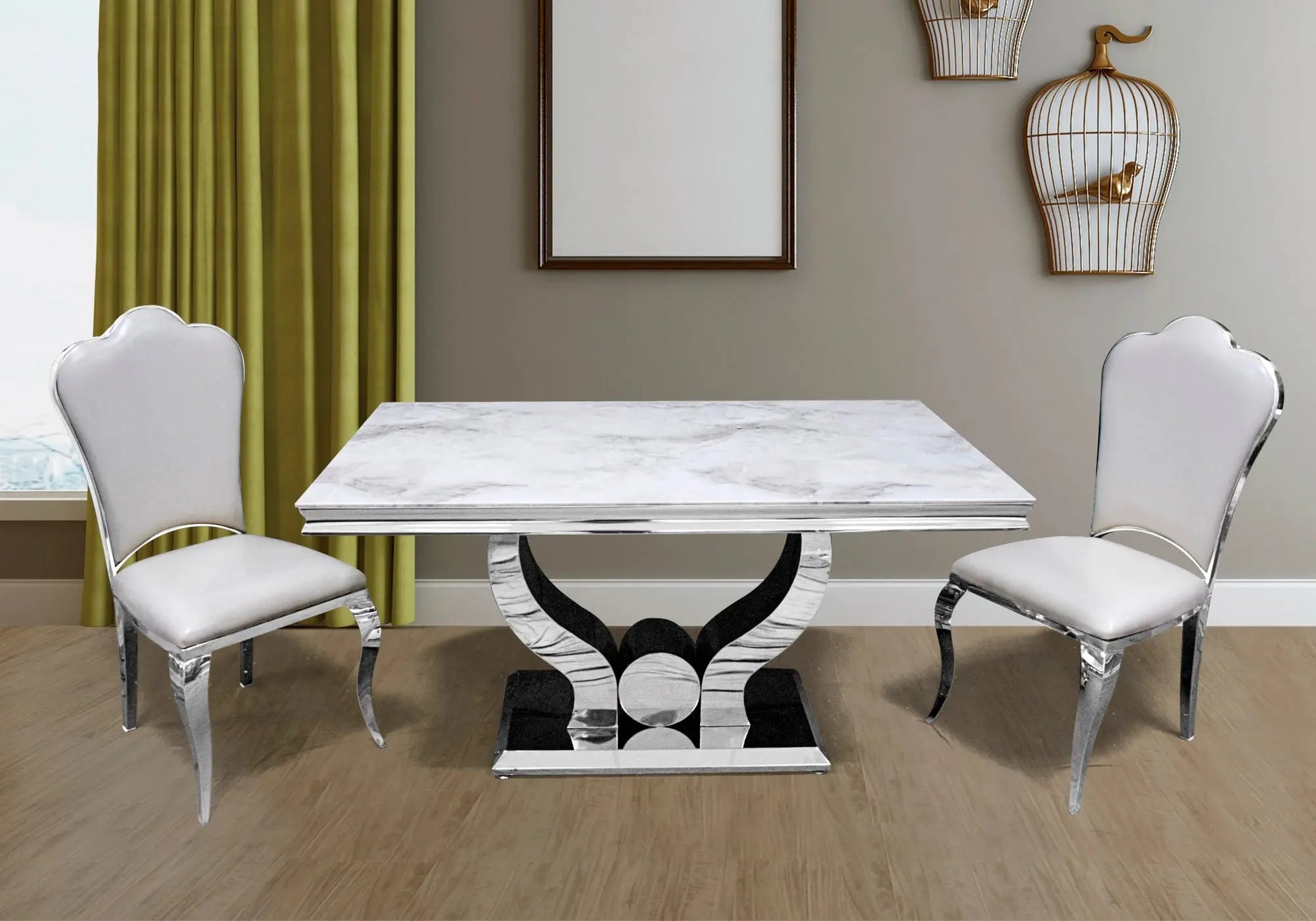 Ensemble table chaise marbre blanc argent TROPHEE Galerie du Mobilier