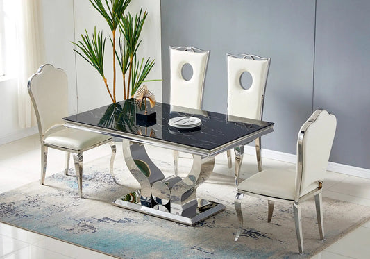 Ensemble table chaise marbre noir argent TROPHEE