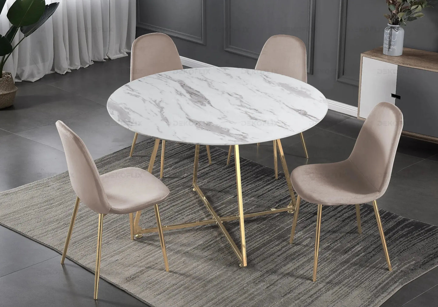Table ronde marbre et 4 chaises doré - Gina – Galerie du Mobilier