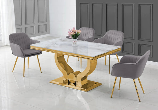 Ensemble table marbre beige et chaises anthracite doré TROPHEE Galerie du Mobilier
