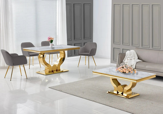Ensemble table marbre beige et chaises anthracite doré TROPHEE Galerie du Mobilier