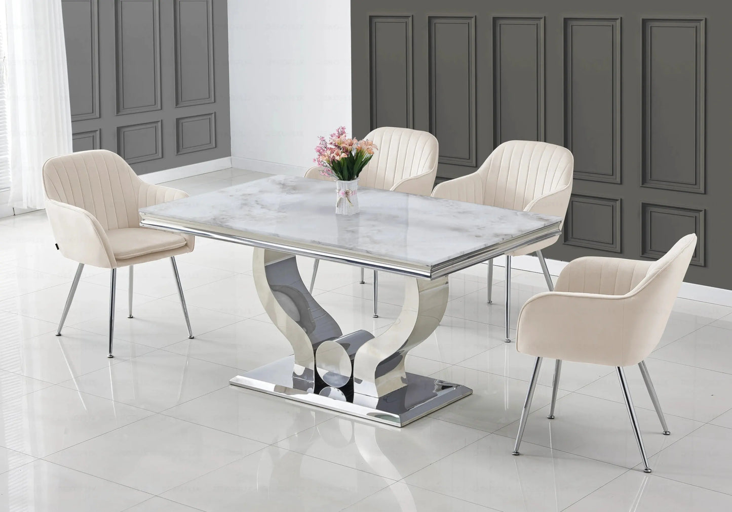 Ensemble table marbre beige et chaises beige TROPHEE Galerie du Mobilier