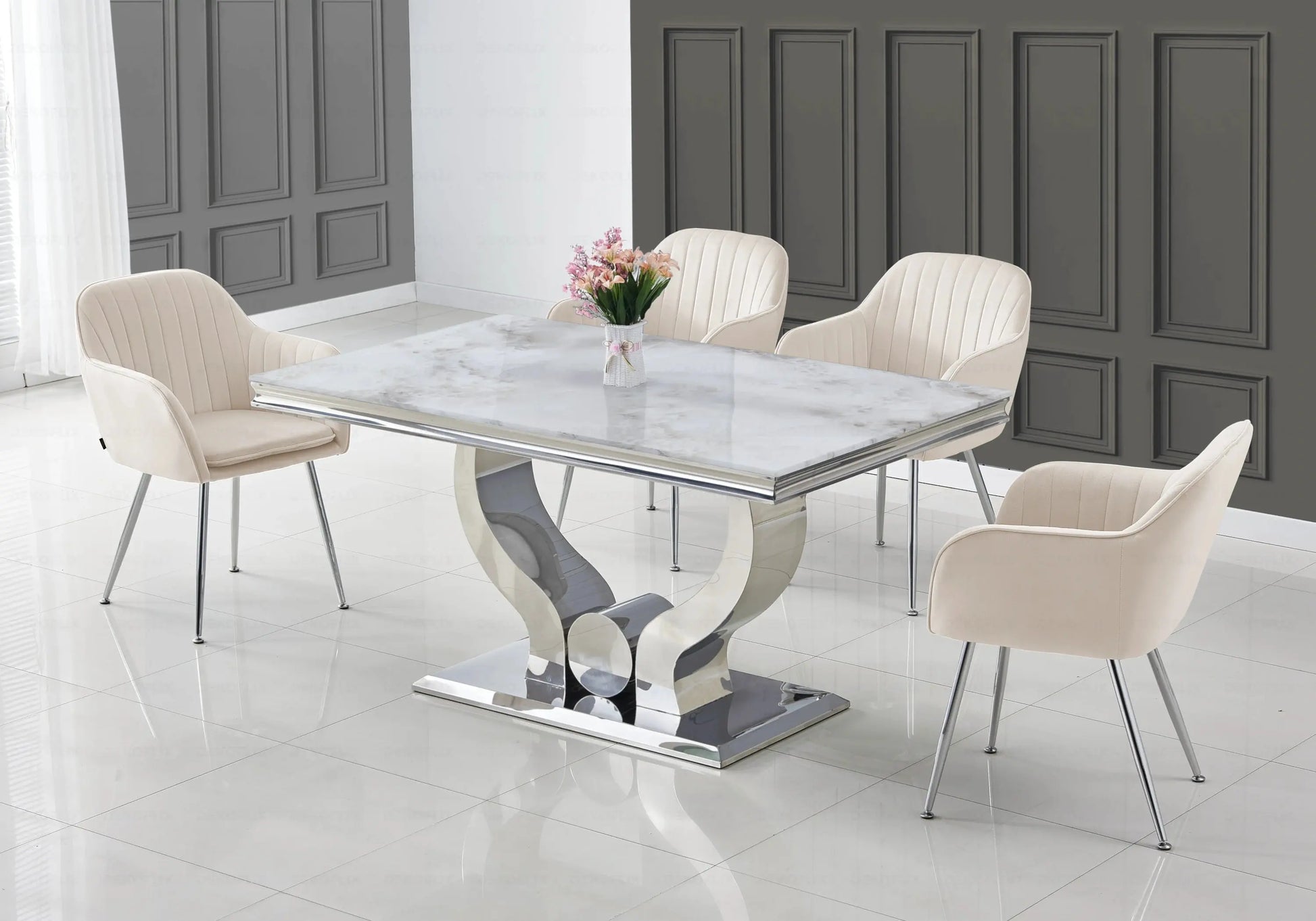 Ensemble table marbre beige et chaises beige TROPHEE Galerie du Mobilier