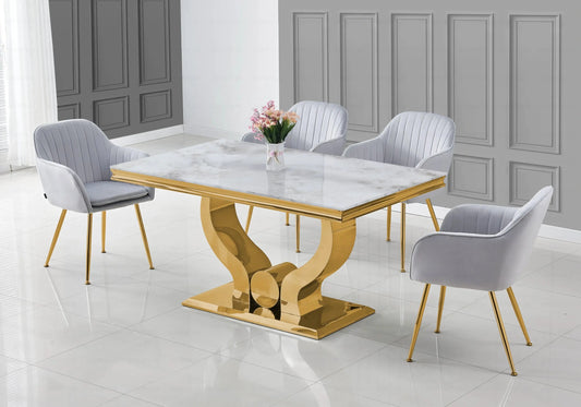 Ensemble table marbre beige et chaises gris doré TROPHEE Galerie du Mobilier