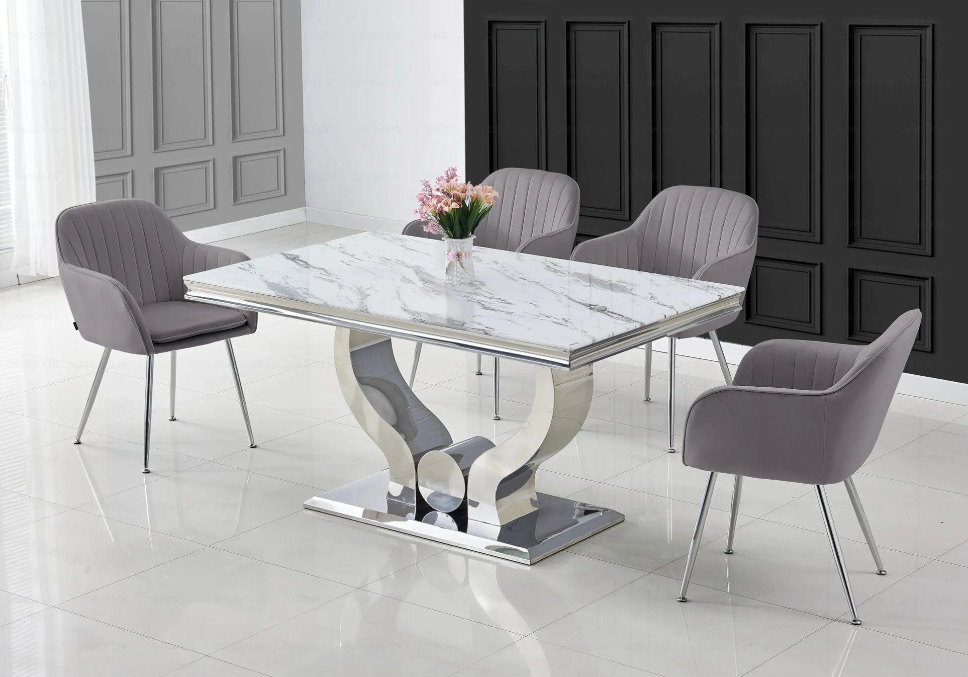 Ensemble table marbre blanc et chaises anthracite TROPHEE Galerie du Mobilier
