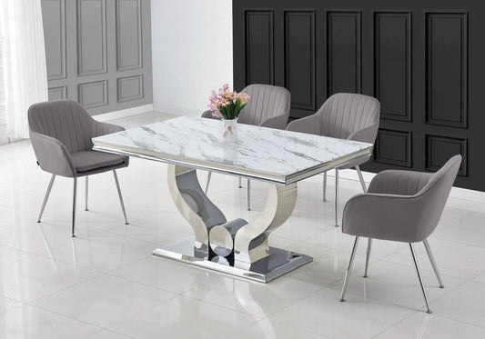 Ensemble table marbre blanc et chaises anthracite TROPHEE Galerie du Mobilier