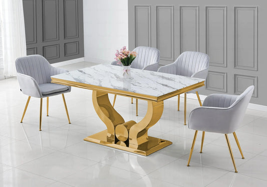 Ensemble table marbre blanc et chaises gris doré TROPHEE Galerie du Mobilier