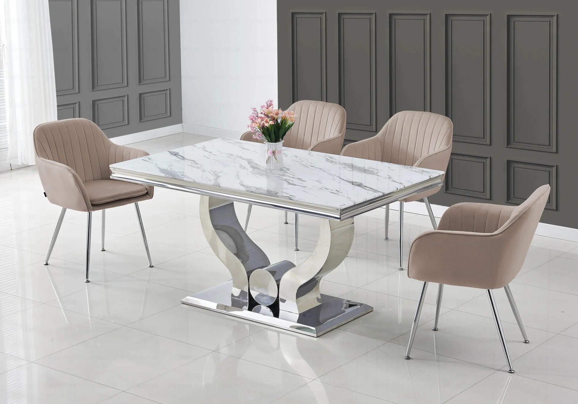 Ensemble table marbre blanc et chaises taupe TROPHEE Galerie du Mobilier