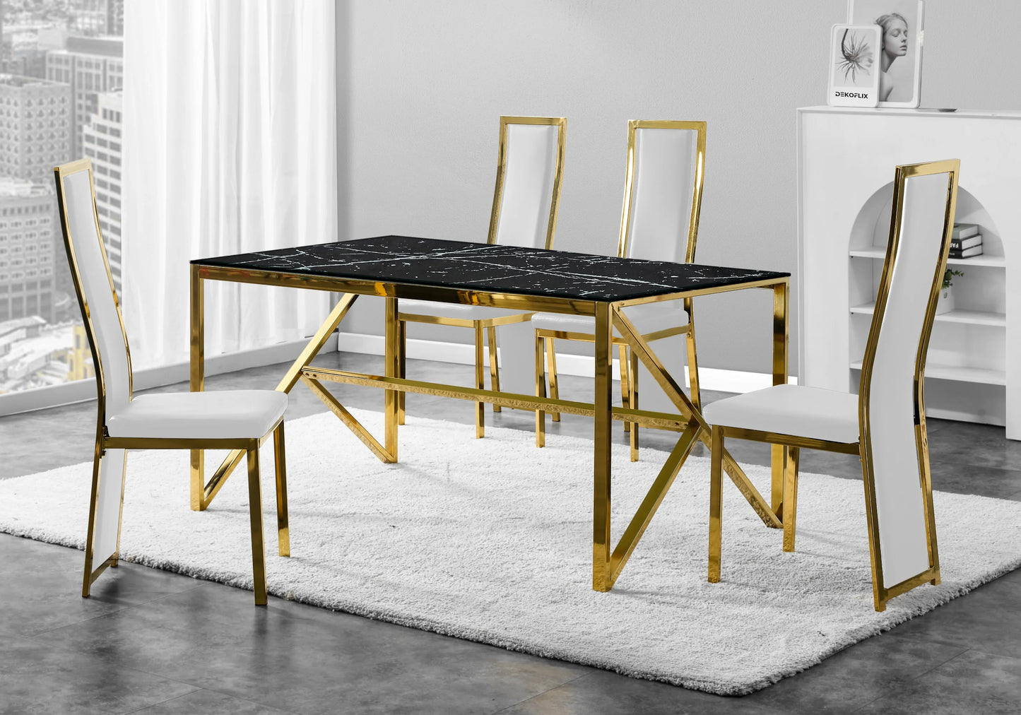 Table marbre noir et 6 chaises simili-cuir doré – Galerie du Mobilier