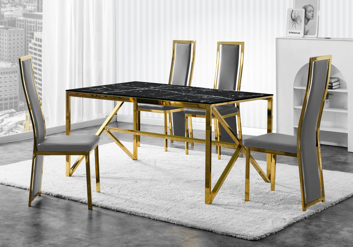 Table marbre noir et 6 chaises simili-cuir doré – Galerie du Mobilier