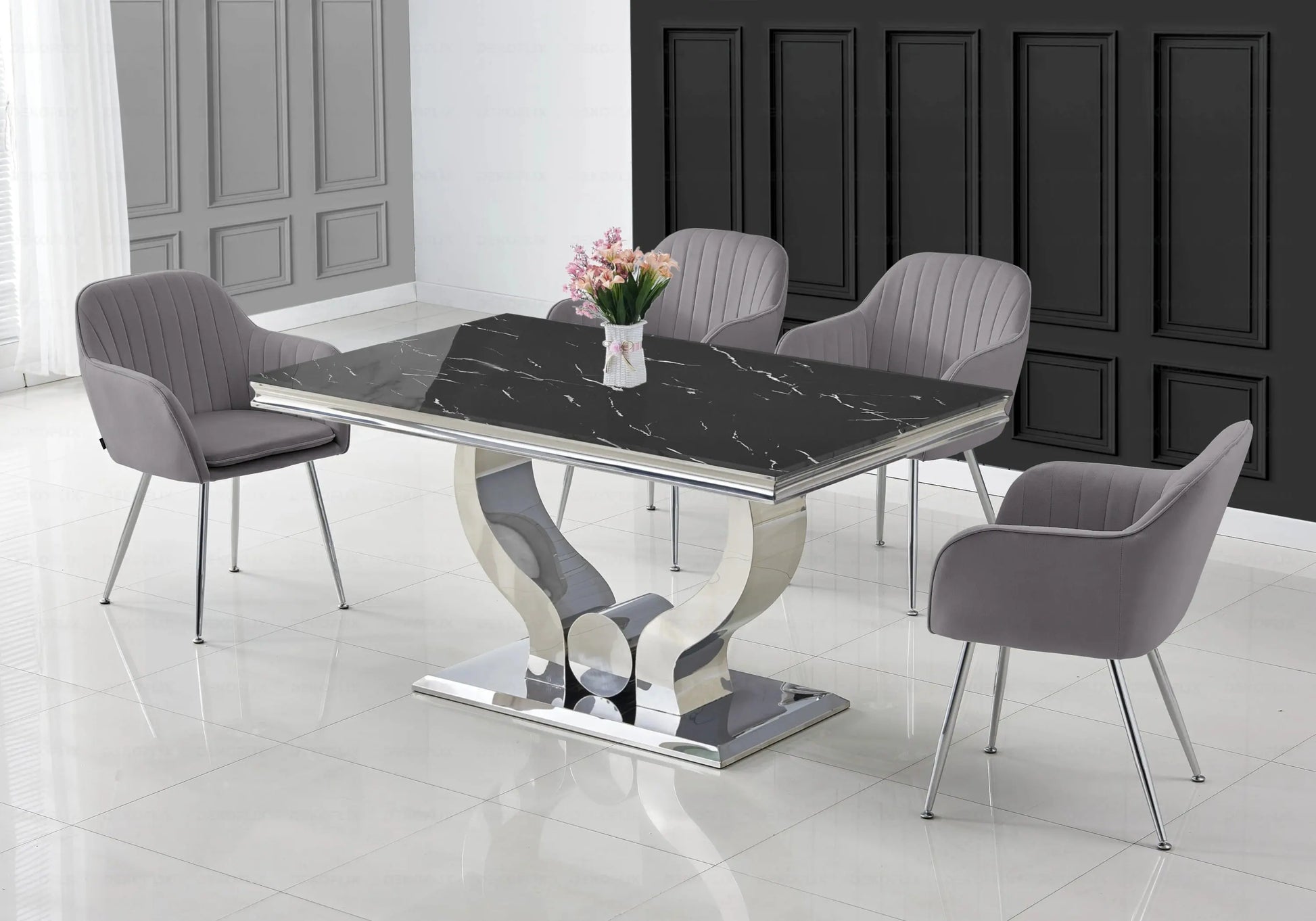 Ensemble table marbre noir et chaises anthracite TROPHEE Galerie du Mobilier