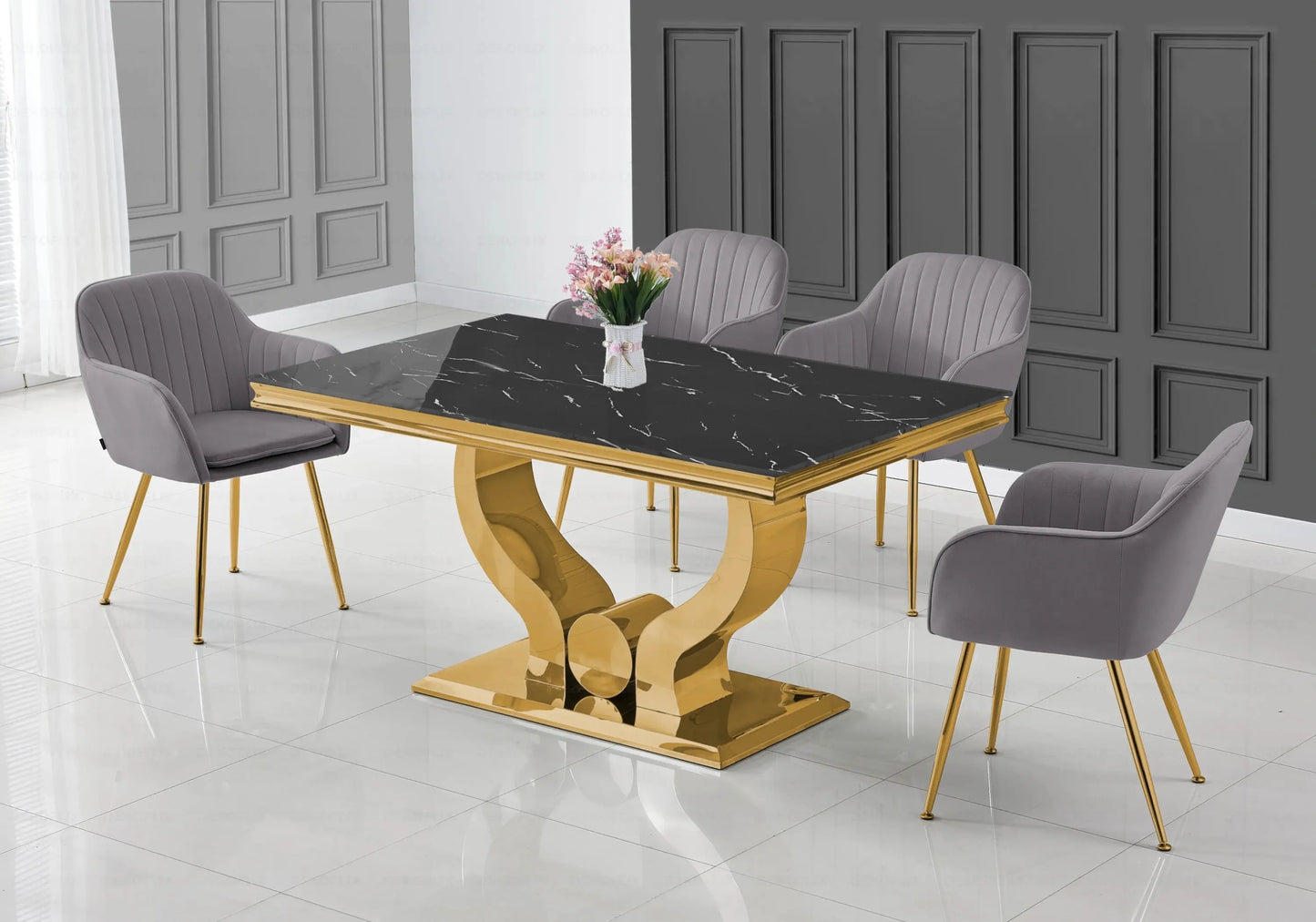 Ensemble table marbre noir et chaises anthracite doré TROPHEE Galerie du Mobilier