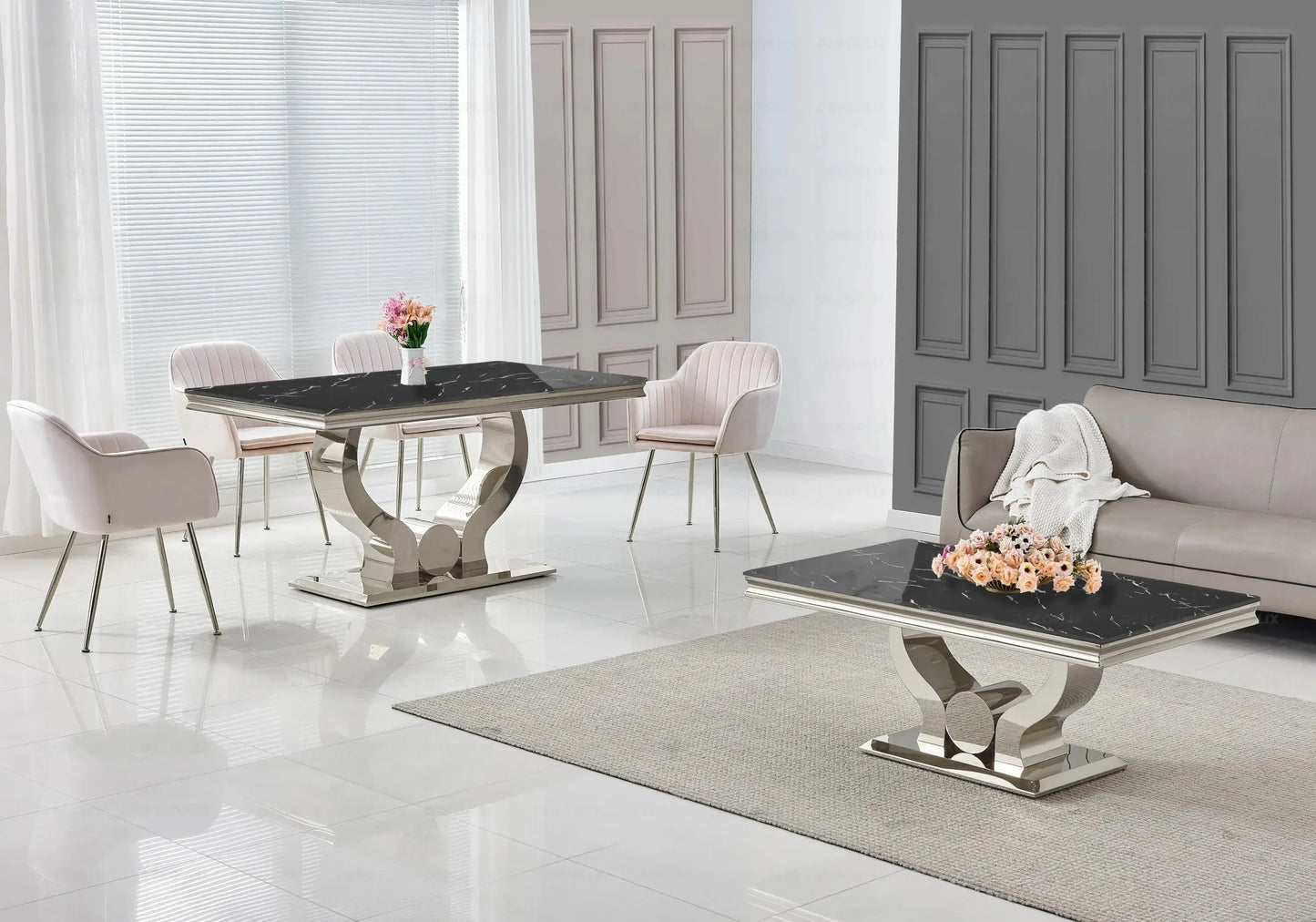 Salle à manger marbre noir argent avec chaises beige TROPHEE Galerie du Mobilier