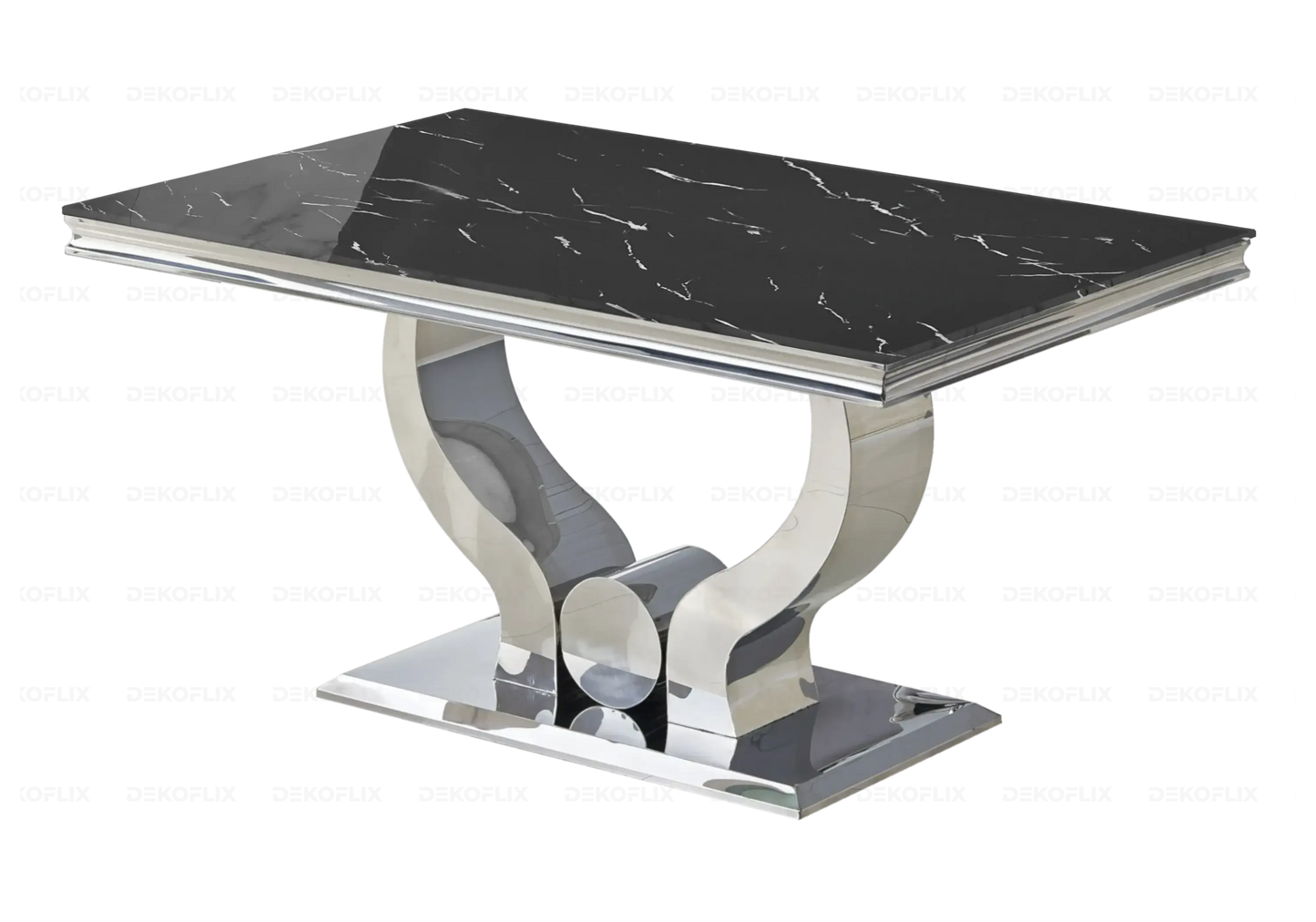 Salle à manger marbre noir argent avec chaises beige TROPHEE Galerie du Mobilier