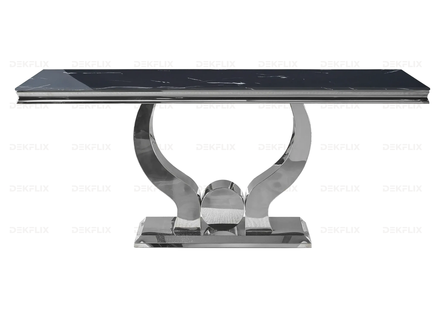 Salle à manger marbre noir argent avec chaises beige TROPHEE Galerie du Mobilier