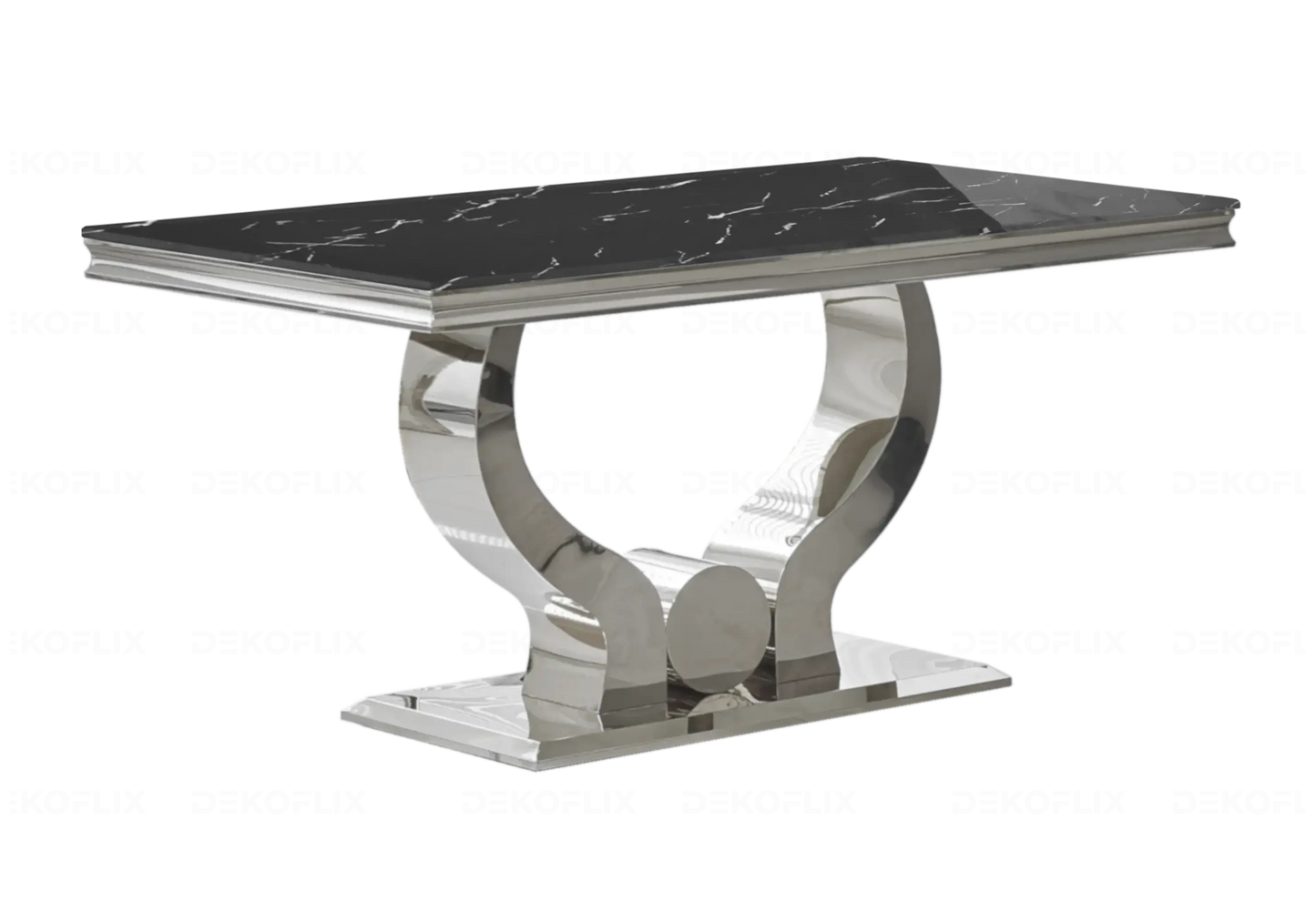 Salle à manger marbre noir argent avec chaises beige TROPHEE Galerie du Mobilier