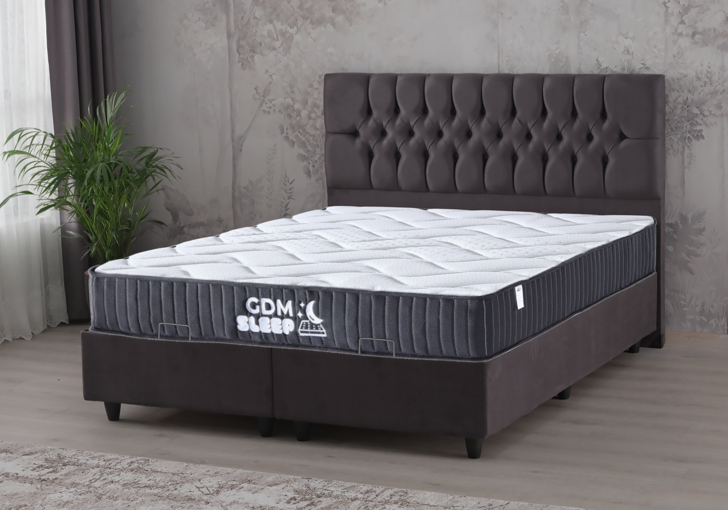 Ensemble lit coffre et matelas 2 places gris – – Galerie du Mobilier - Vue 1