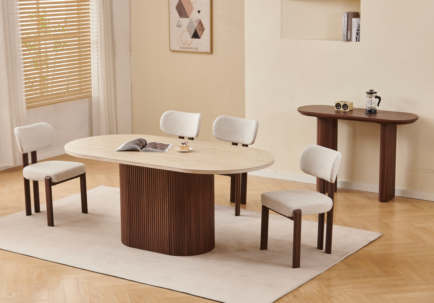 Table à manger ovale travertin noyer Japandi – – Galerie du Mobilier