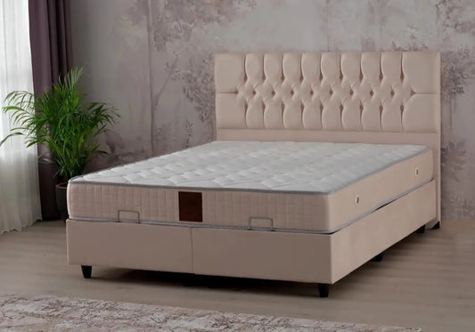 Lit coffre et tête de lit beige KUBA - Galerie du Mobilier