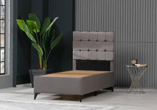 Lit coffre et tête de lit grise CUBA Galerie du Mobilier