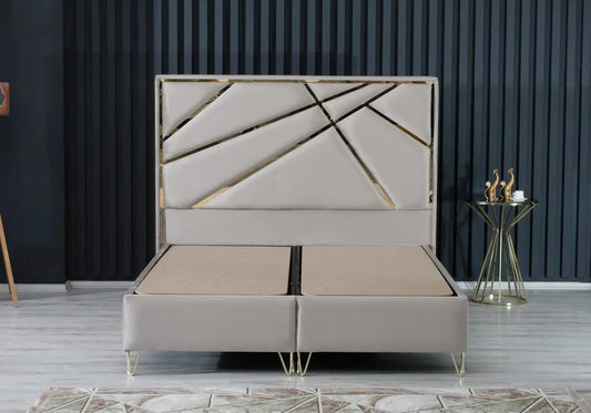 Lit coffre et tête de lit taupe dorée LYDIA Galerie du Mobilier