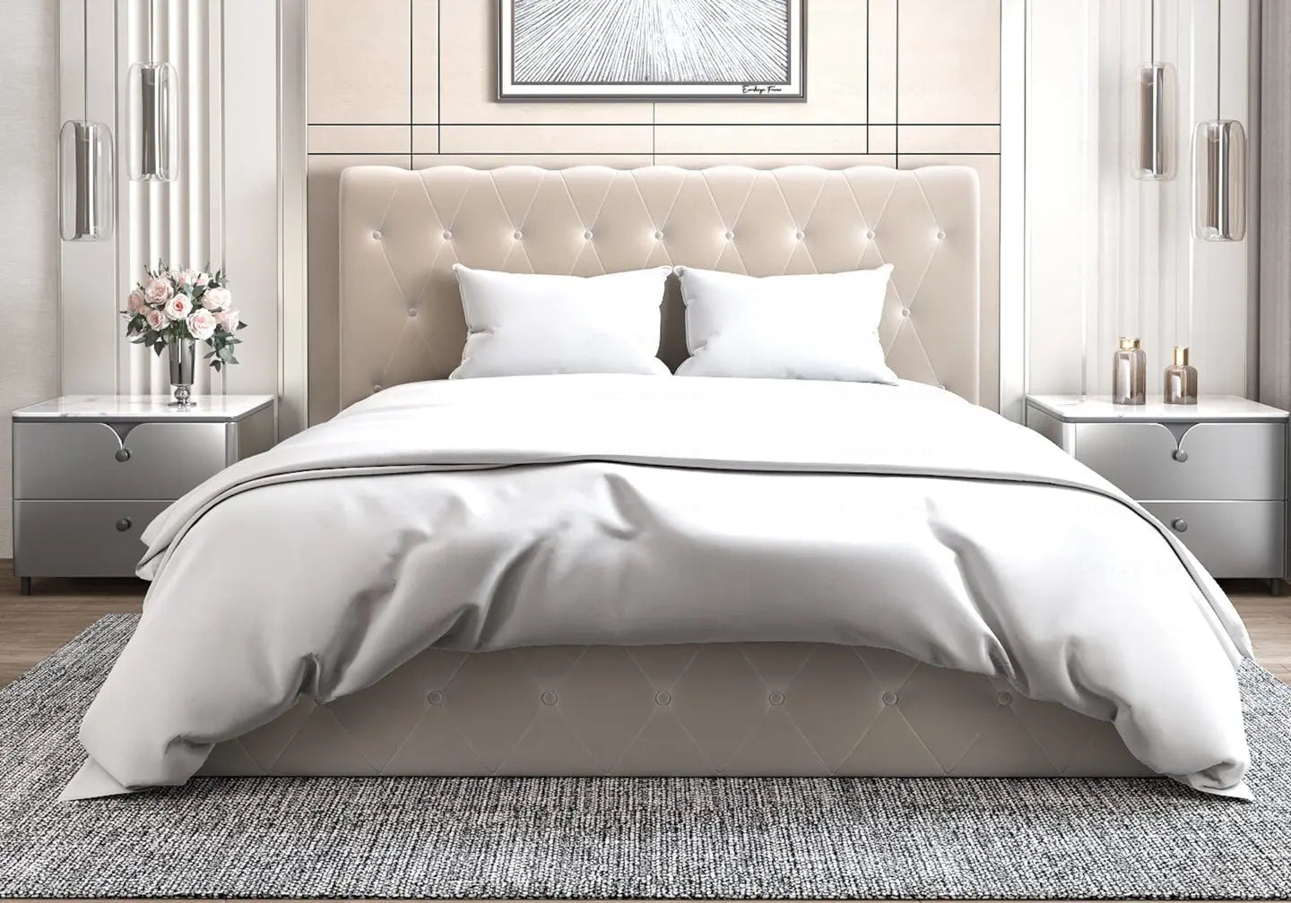 Lit coffre velours beige capitonné – Galerie du Mobilier - Vue 1