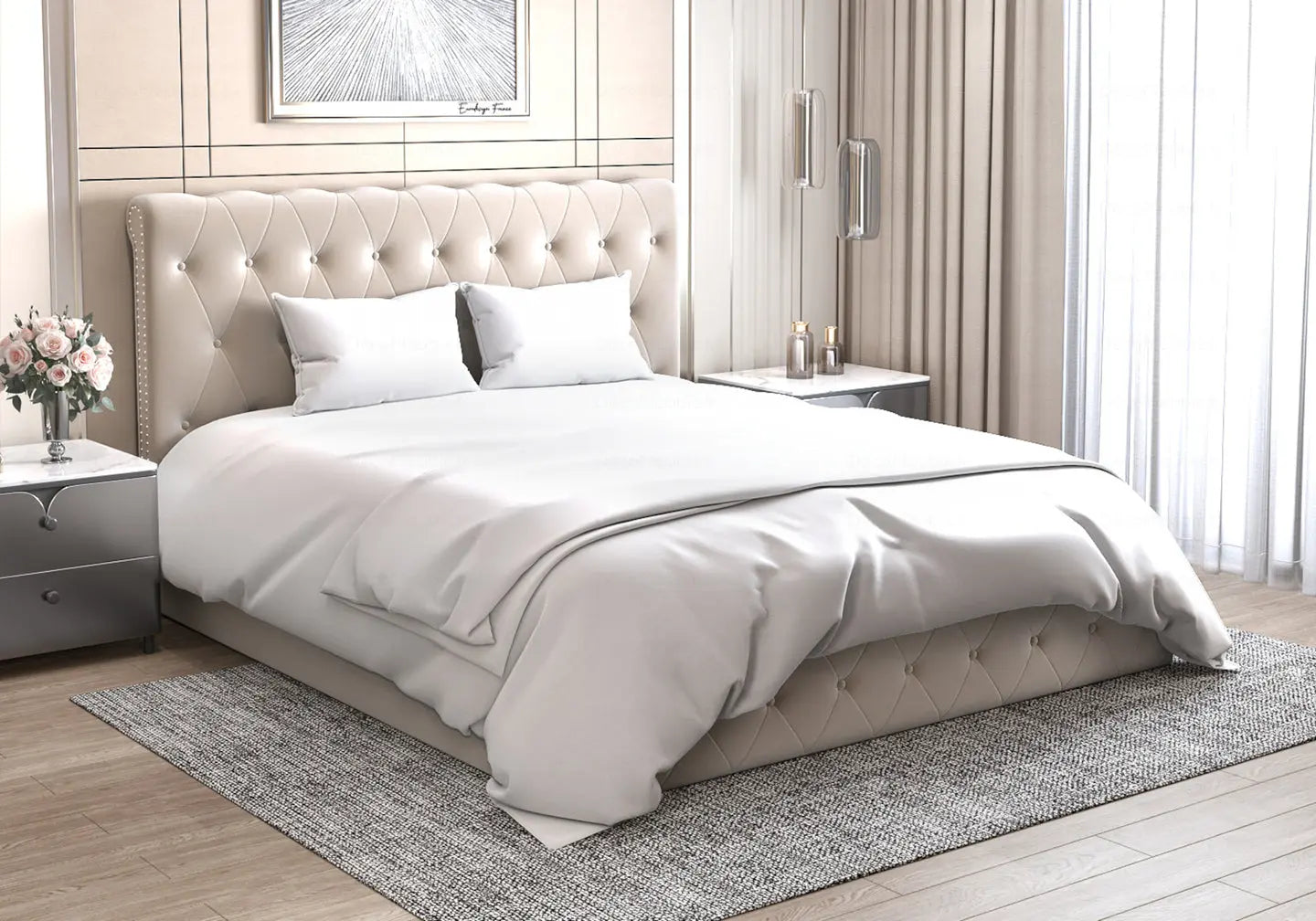 Lit coffre velours beige capitonné – Galerie du Mobilier