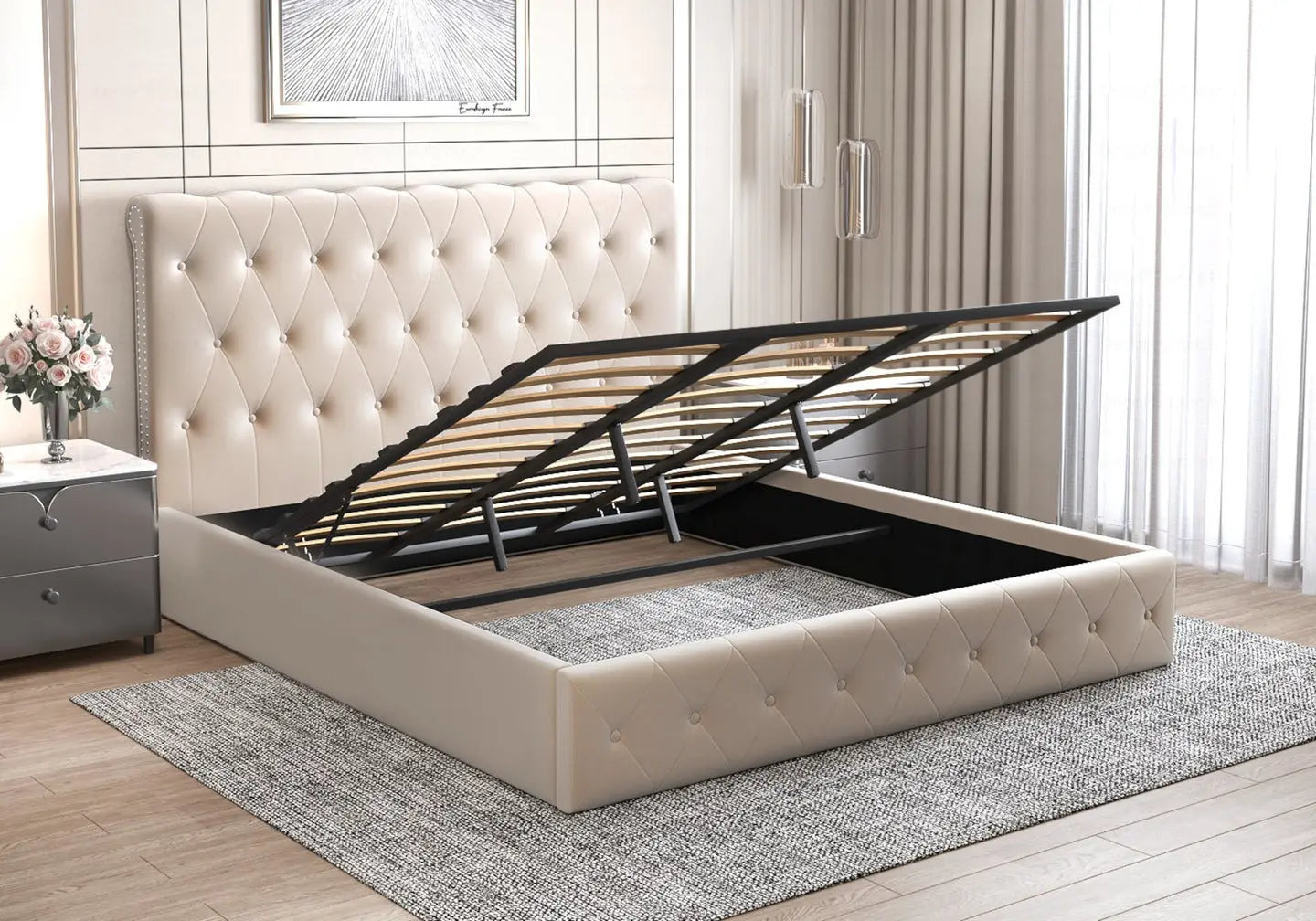 Lit coffre velours beige capitonné – Galerie du Mobilier