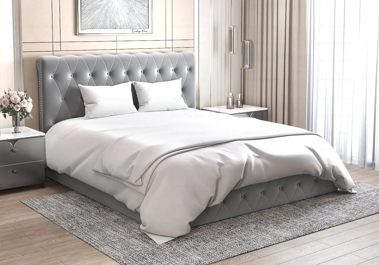 Lit coffre velours gris capitonné – Galerie du Mobilier - Vue 1