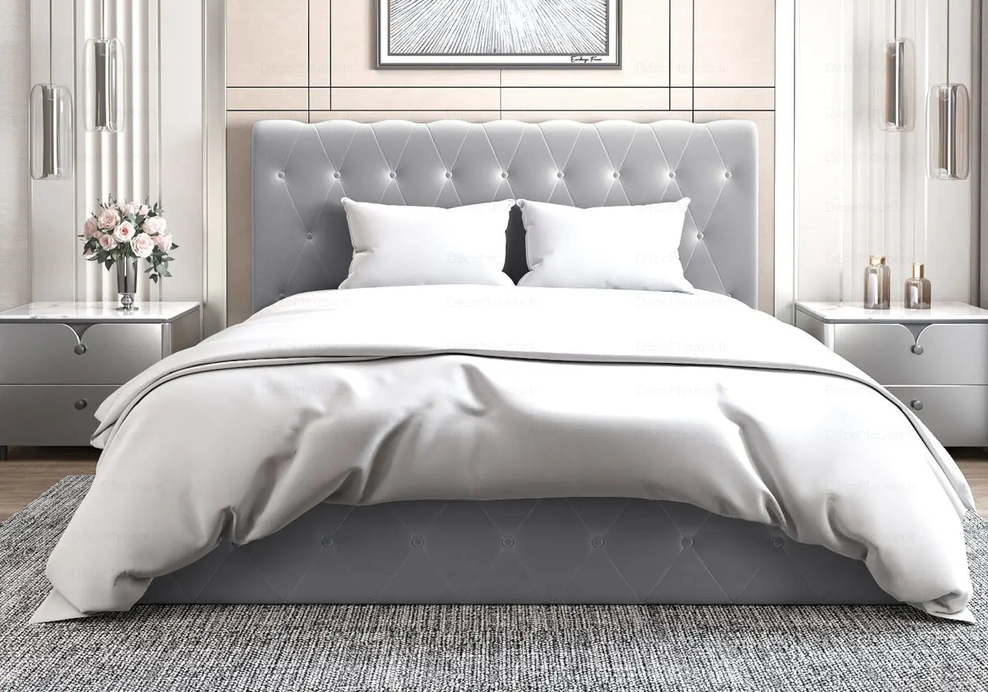 Lit coffre velours gris capitonné – Galerie du Mobilier