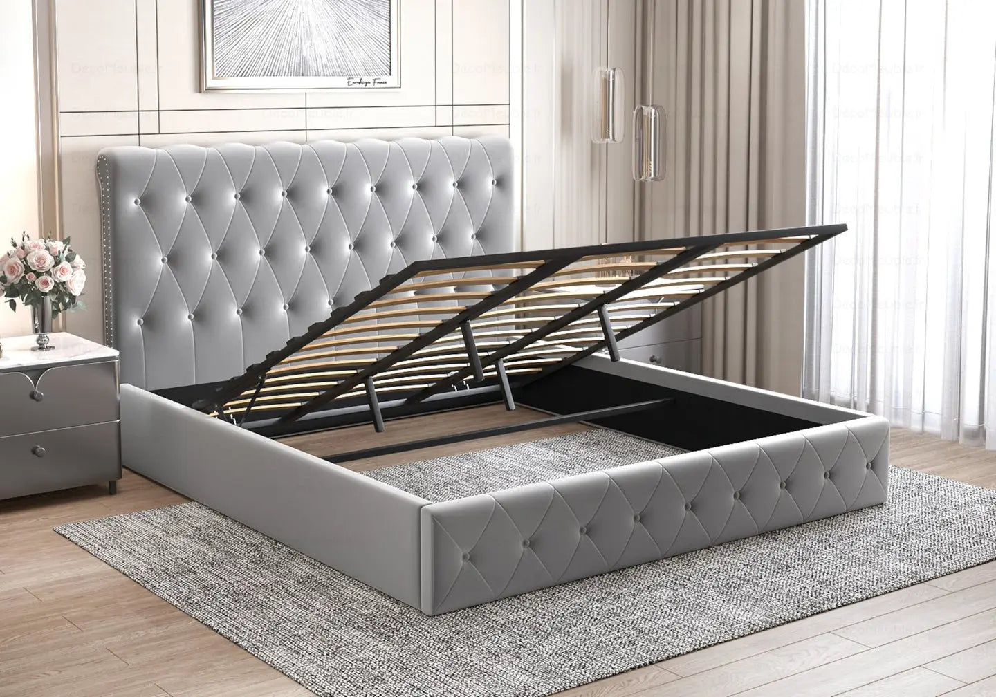 Lit coffre velours gris capitonné – Galerie du Mobilier