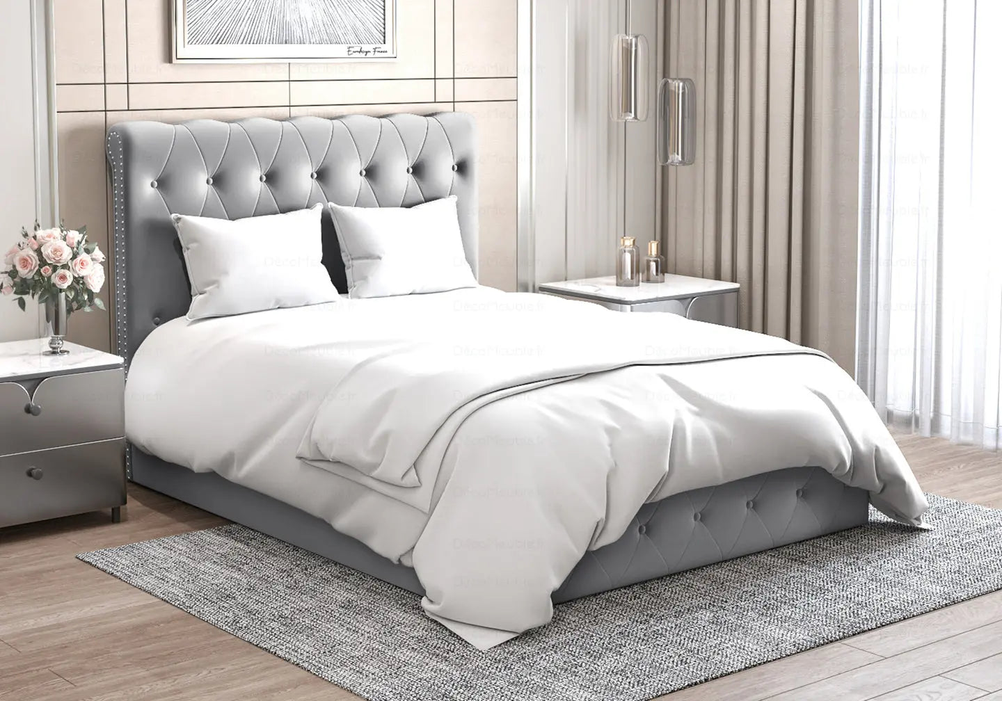 Lit coffre velours gris capitonné – Galerie du Mobilier