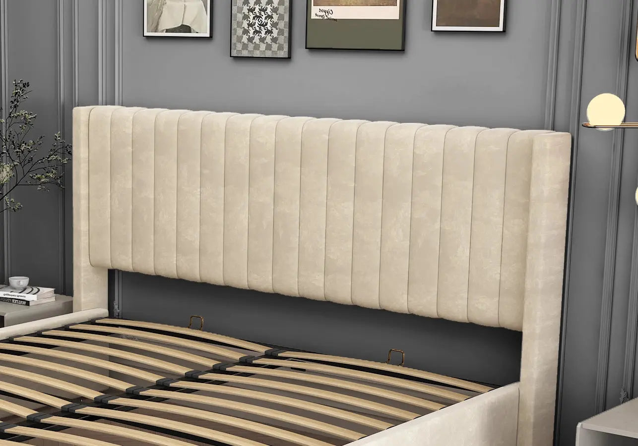 Lit velours coffre beige – Galerie du Mobilier