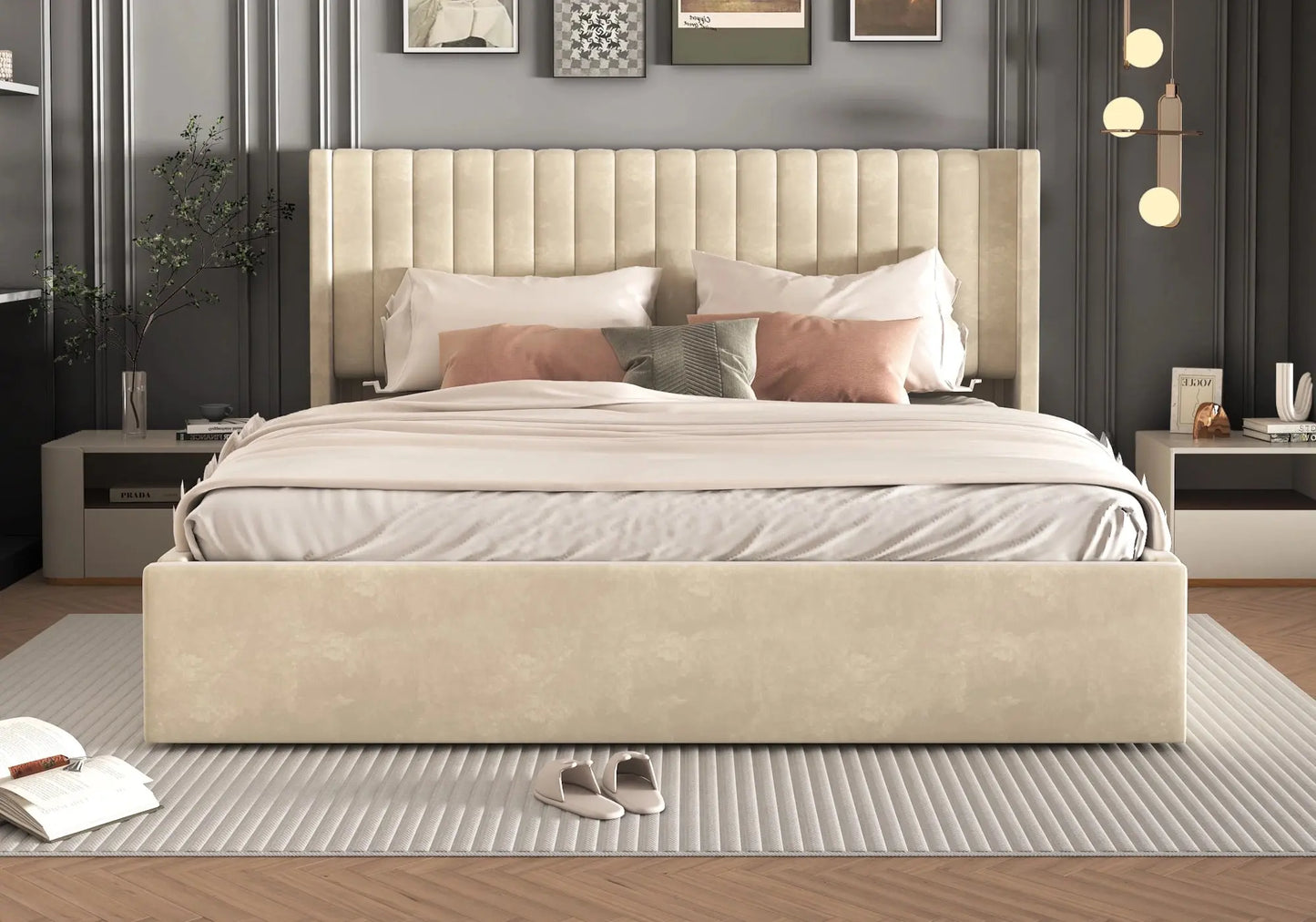 Lit velours coffre beige – Galerie du Mobilier - Vue 1