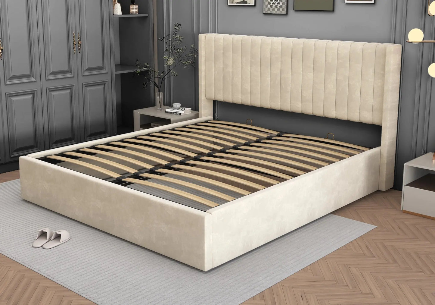 Lit velours coffre beige – Galerie du Mobilier
