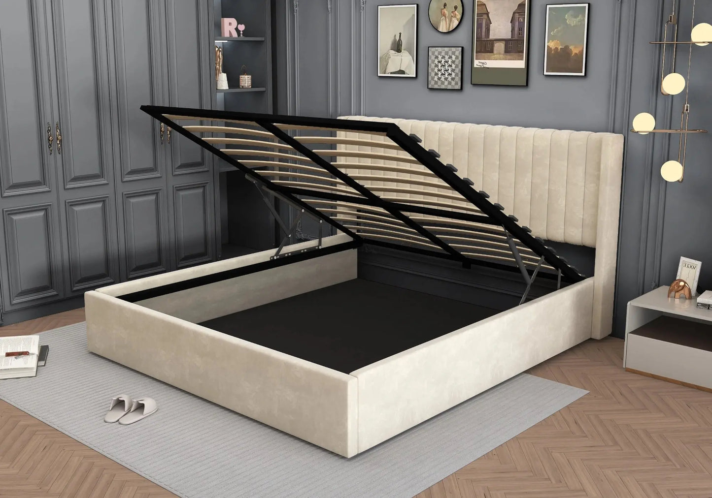 Lit velours coffre beige – Galerie du Mobilier