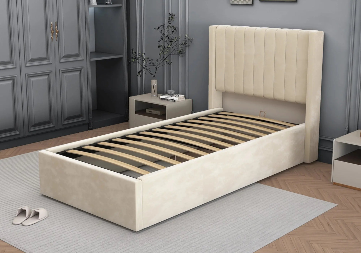 Lit velours coffre beige – Galerie du Mobilier