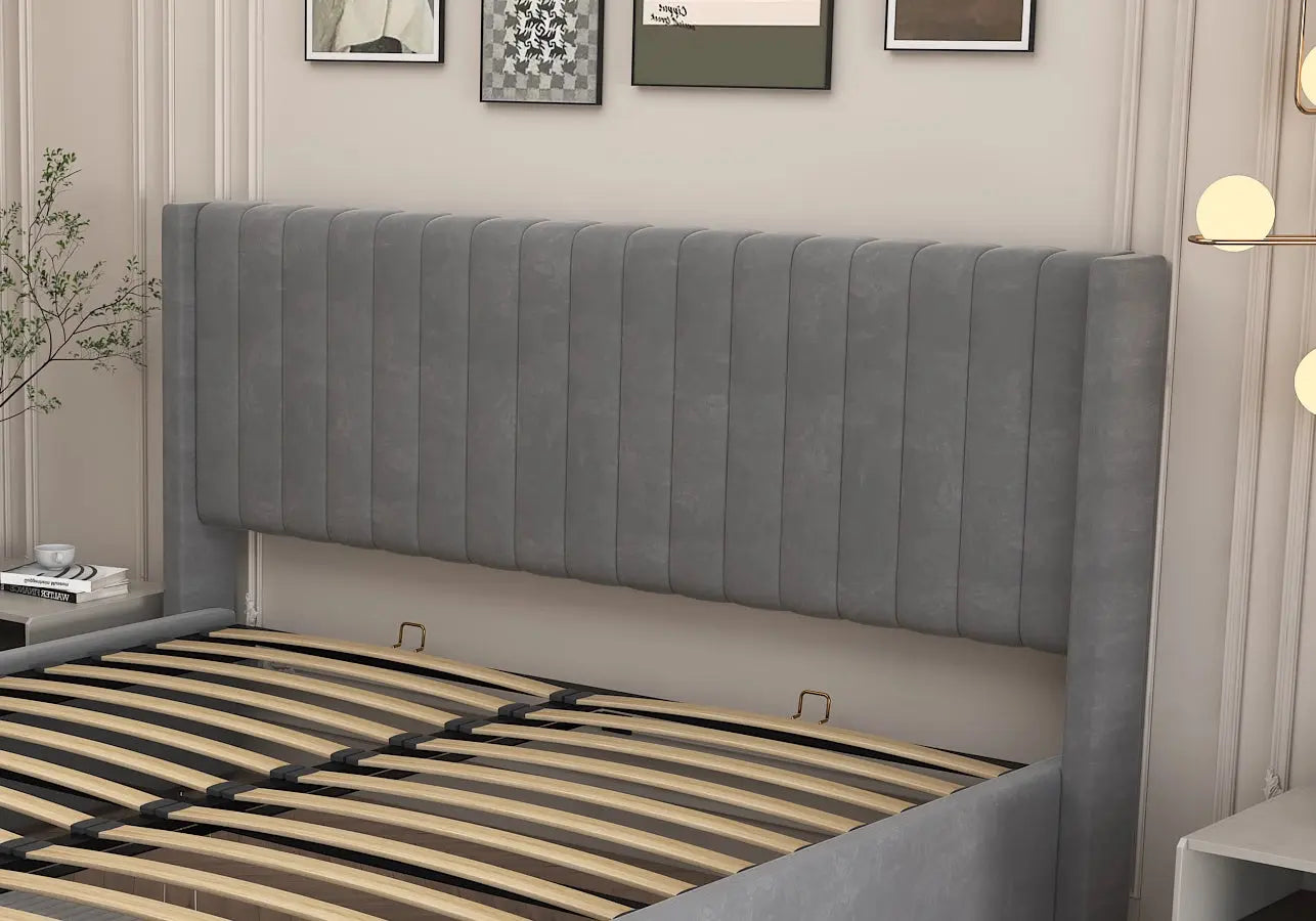 Lit velours coffre gris – Galerie du Mobilier