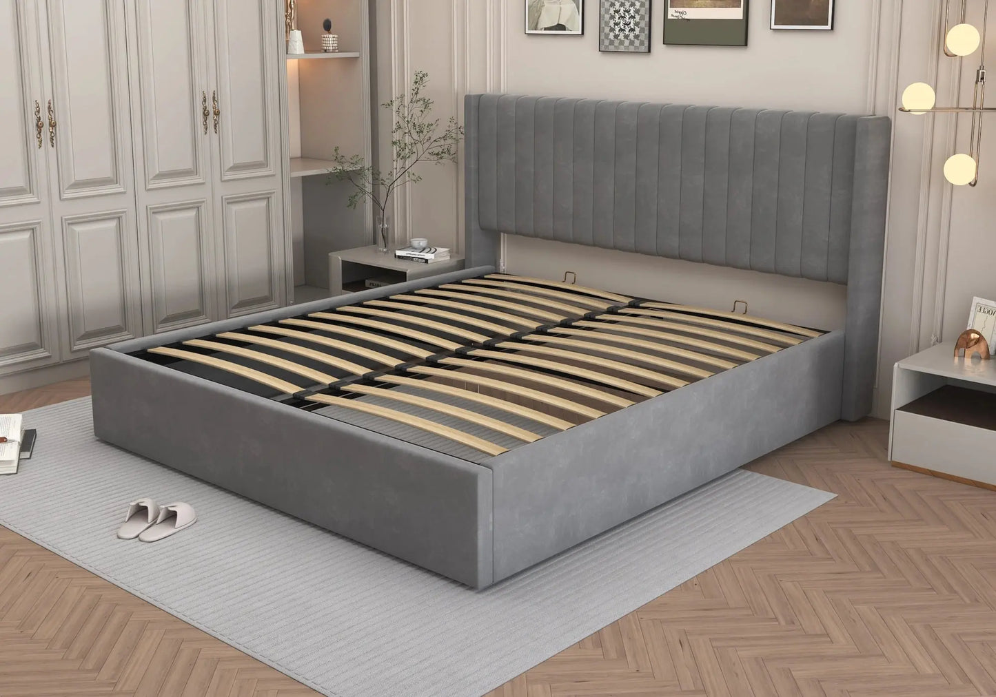 Lit velours coffre gris – Galerie du Mobilier - Vue 1