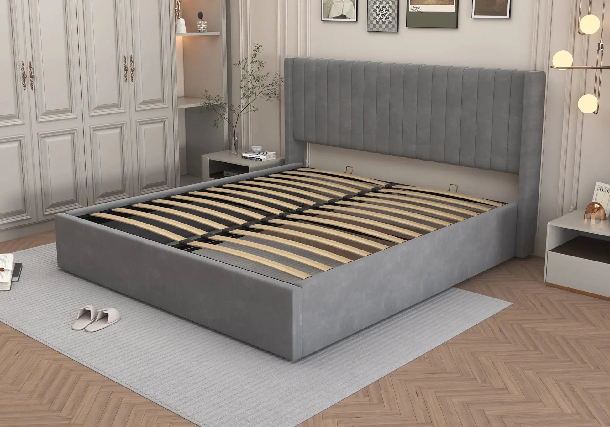 Lit velours coffre gris – Galerie du Mobilier - Vue 1