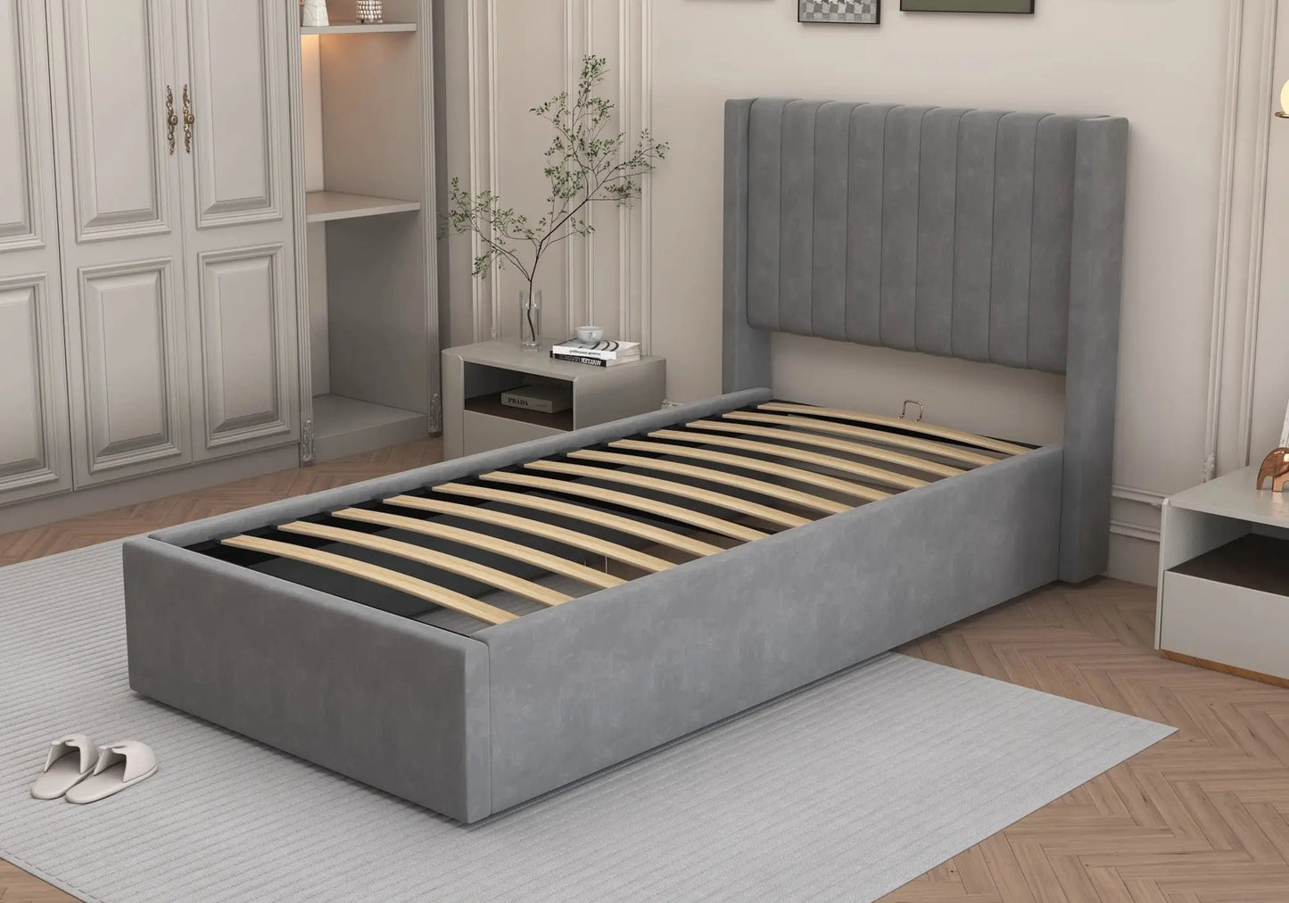 Lit velours coffre gris – Galerie du Mobilier