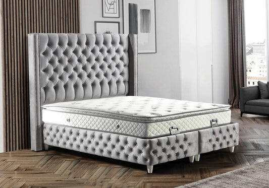 Lit Turc Capitonné Velours Gris Coffre Rangement – STAR - DEKOFLIX