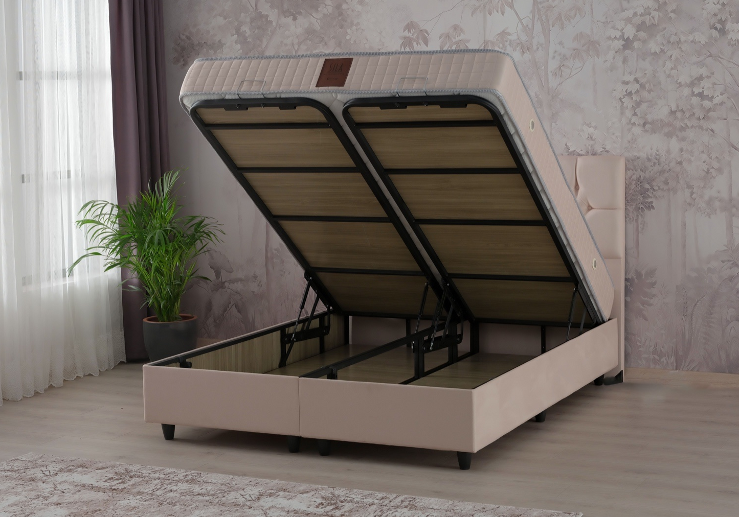 Lit coffre complet 2 places velours beige – Lore – Galerie du Mobilier