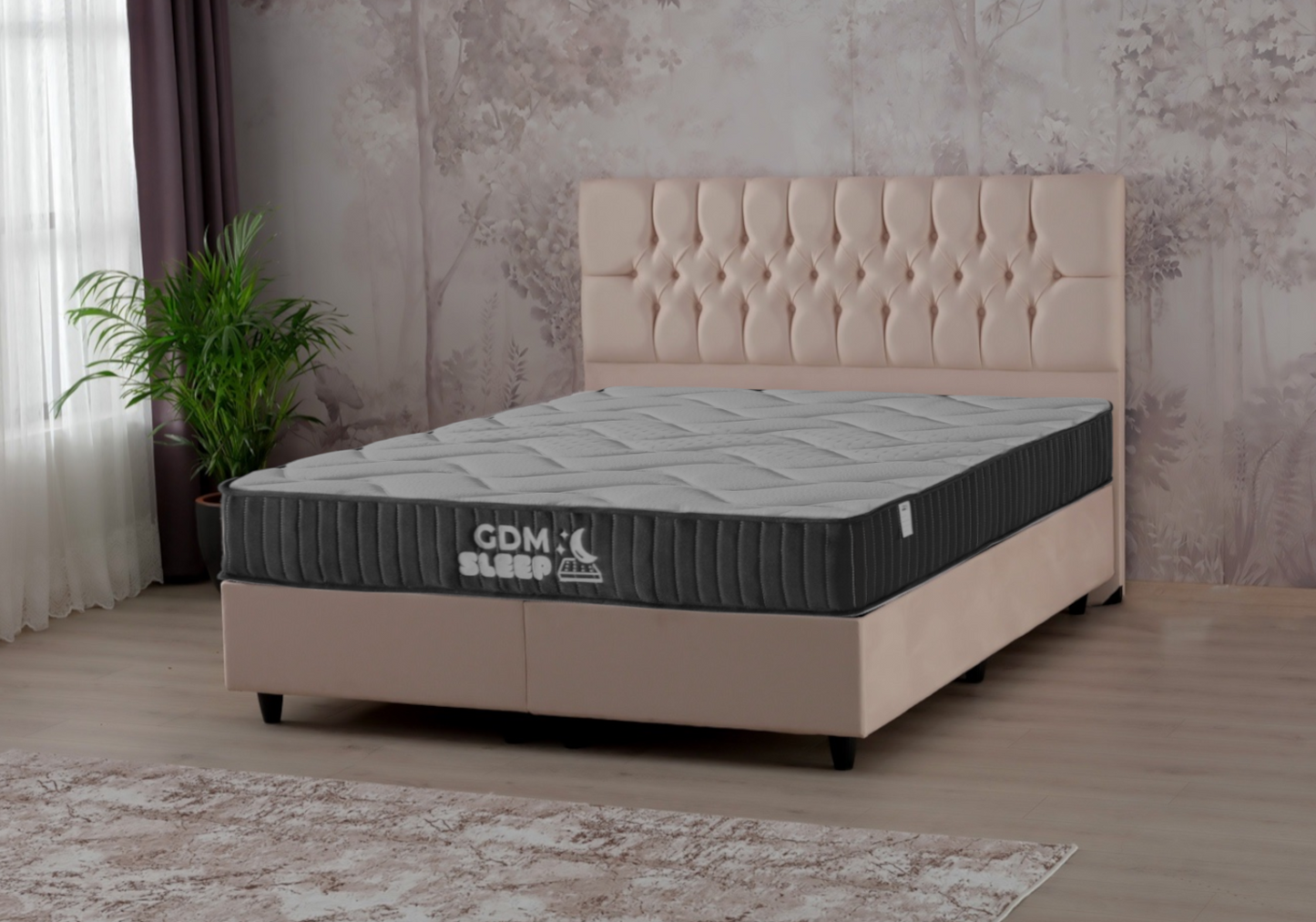 Lit coffre complet 2 places velours beige – Lore – Galerie du Mobilier - Vue 1