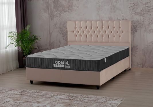 Lit coffre complet 2 places velours beige – Lore – Galerie du Mobilier - Vue 1