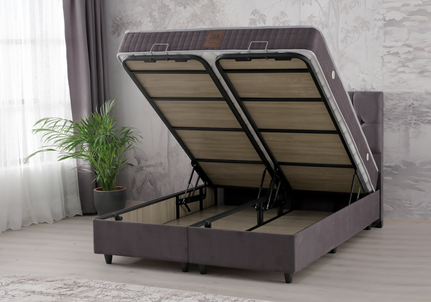 Lit coffre complet 2 places velours gris – Lore – Galerie du Mobilier