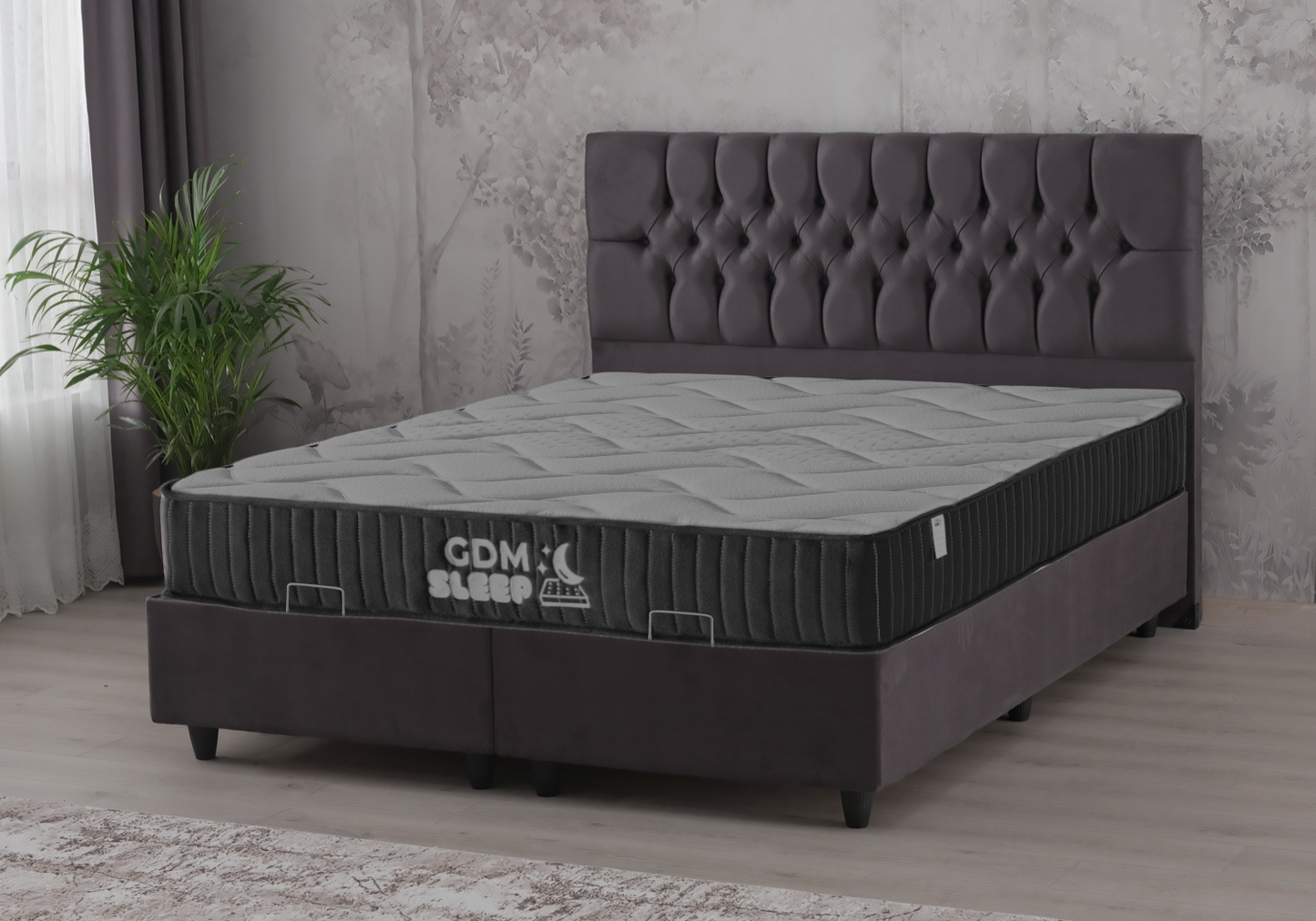 Lit coffre complet 2 places velours gris – Lore – Galerie du Mobilier - Vue 1
