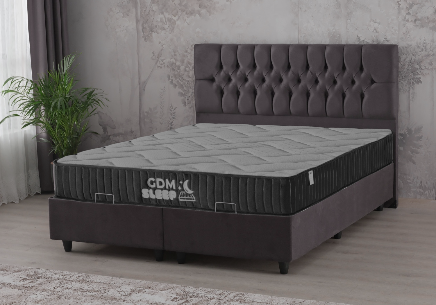 Lit coffre complet 2 places velours gris – Lore – Galerie du Mobilier - Vue 1