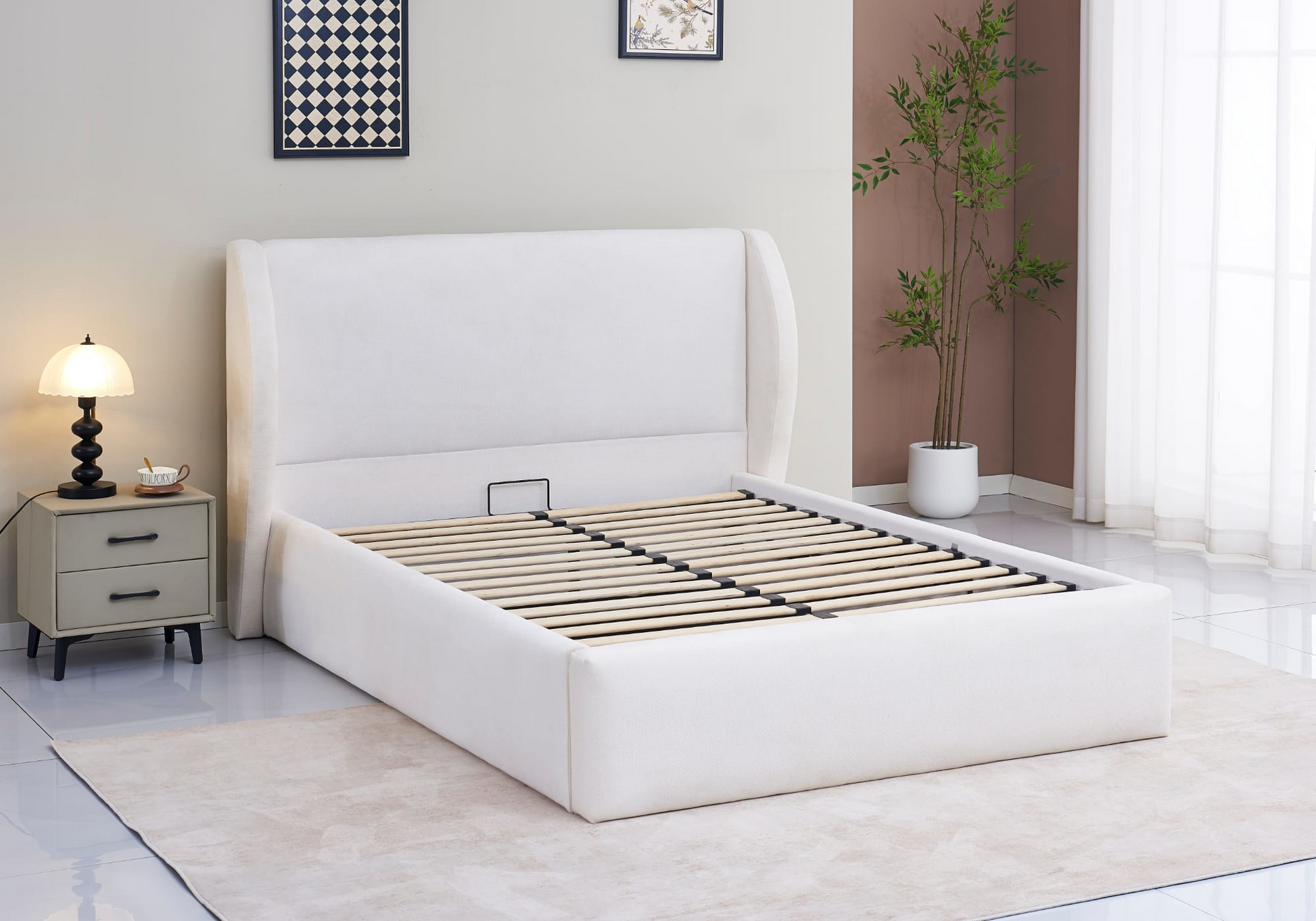 Lit coffre complet en tissu beige - Aura – Galerie du Mobilier - Vue 1