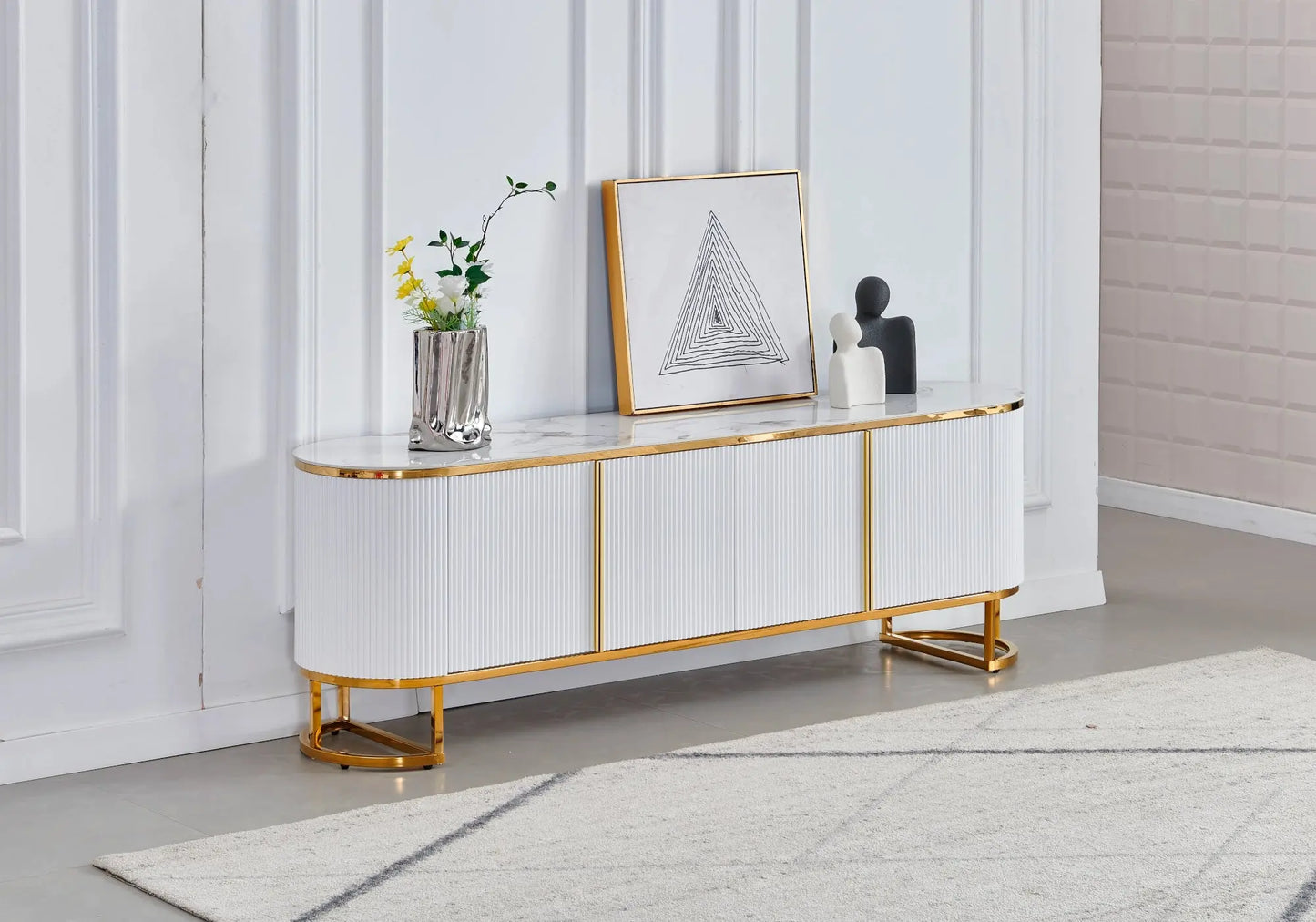 Meuble banc TV marbre beige céramique ESMEE avec design moderne et luxueux